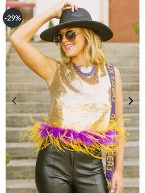 Comely Queen Of Sparkles: Sequin Feather Tank Gold Game Day Mardi Gras size L